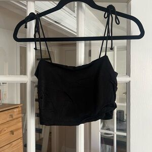 Black crop top with rouching and tie straps